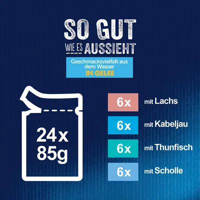 24x85g Geschmacksvielfalt aus dem Wasser in Gelee: 6x mit Lachs, 6x mit Kabeljau, 6x mit Thunfisch, 6x mit Scholle.