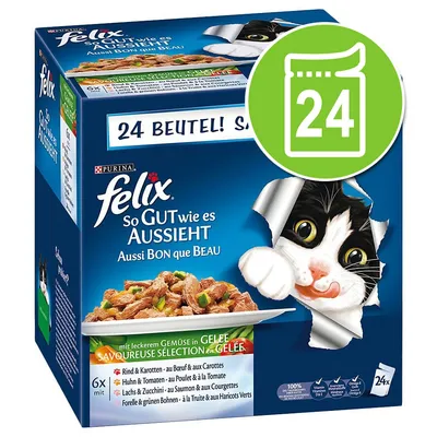 Purina Felix So Gut wie es aussieht cat food, 24 pouches. Visible flavours: beef & carrots, chicken & tomato, salmon & courgette, trout & green beans. Text in German and French. Purina Felix So Gut wie es aussieht cat food, 24 pouches. Visible flavours: beef & carrots, chicken & tomato, salmon & courgette, trout & green beans. Text in German and French.