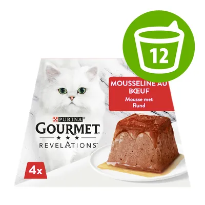 Purina Gourmet Revelations Mousseline au bœuf, 4x portions. Visuel d’une mousse pour chat. Pastille verte avec seau et chiffre 12. Purina Gourmet Revelations Mousseline au bœuf, 4x portions. Visuel d’une mousse pour chat. Pastille verte avec seau et chiffre 12.