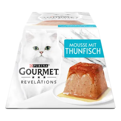 Purina Gourmet Revelations μους με τόνο, συσκευασία με εικόνα λευκής γάτας και σερβιρισμένη μους.