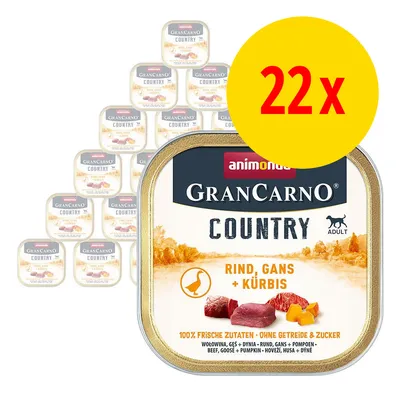 Animonda GranCarno Country Adult, lot de 22 barquettes. Texte visible : Rind, Gans + Kürbis, 100 % frische Zutaten, ohne Getreide & Zucker. Viande de bœuf, oie et potiron illustrées. Animonda GranCarno Country Adult, lot de 22 barquettes. Texte visible : Rind, Gans + Kürbis, 100 % frische Zutaten, ohne Getreide & Zucker. Viande de bœuf, oie et potiron illustrées.