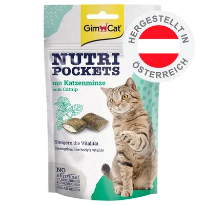GimCat Nutri Pockets mit Katzenminze, steigern die Vitalität, ohne künstliche Aromen und Farbstoffe, ohne Zuckerzusatz, hergestellt in Österreich.