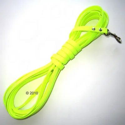 Longe pour chien en plastique jaune fluo avec mousqueton métallique, enroulée et posée à plat. Aucun texte ou marque visible sur la longe.