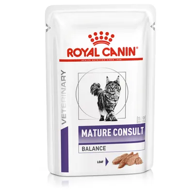 Royal Canin Mature Consult Balance Veterinary mokra hrana za mačke, prikaz pakiranja s crno-bijelom slikom mačke i tekstom 'LOAF' uz ilustraciju hrane.