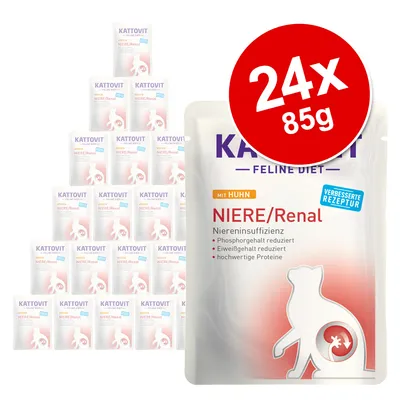 Kattovit Feline Diet Niere/Renal mit Huhn, verbesserte Rezeptur, 24x85g. Reduzierter Phosphorgehalt, reduzierter Eiweißgehalt, hochwertige Proteine, geeignet bei Niereninsuffizienz.