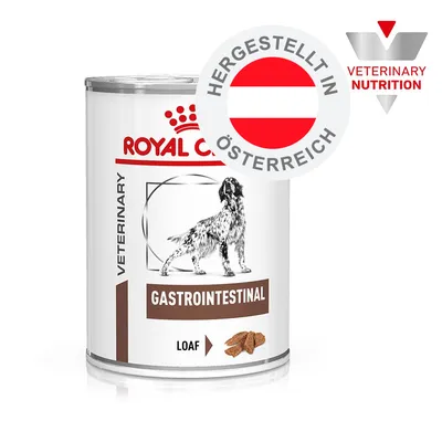 ROYAL CANIN VETERINARY GASTROINTESTINAL LOAF, hergestellt in Österreich, Veterinary Nutrition Siegel sichtbar.