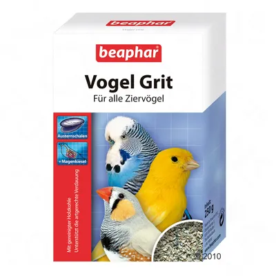 beaphar Vogel Grit, Für alle Ziervögel, pakiranje 250 g. Prikazane tri ptice i sadržaj proizvoda. Tekst na njemačkom jeziku.