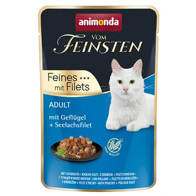 Animonda vom Feinsten Adult фино с филета, с птиче месо и филе от морски костур, без зърнени храни. Изображение на бяла котка и сервирана храна.