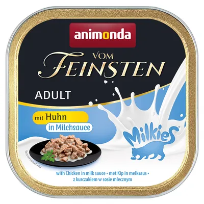 Animonda Vom Feinsten Adult kanaa maitokastikkeessa. Milkies-logo näkyvissä. Tarjoiluehdotus: paloja maitokastikkeessa mustalla lautasella. Animonda Vom Feinsten Adult kanaa maitokastikkeessa. Milkies-logo näkyvissä. Tarjoiluehdotus: paloja maitokastikkeessa mustalla lautasella.
