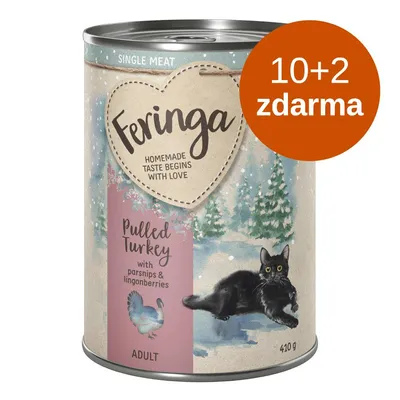 Konzerva Feringa Pulled Turkey with parsnips & lingonberries, Adult, 410 g. Akce: 10+2 zdarma. Na obalu černá kočka a ilustrace krůty.