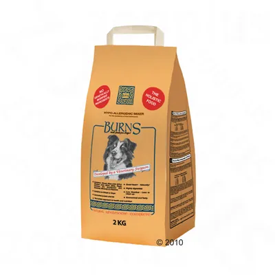 Pungă de 2 kg Burns Hypo-Allergenic Mixer, text vizibil: 'NO CHEMICALLY ADDED INGREDIENTS', 'THE HOLISTIC FOOD', imagine câine pe ambalaj, informații nutriționale pe lateral.