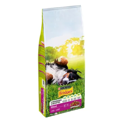 Purina Friskies Maxi, 18kg tørfoder til hunde. Emballagen viser en hund på grønt græs og indeholder symboler for næringsværdier samt teksten '5 Promesses, 5 Beloftes'.