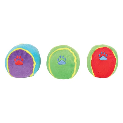 Three colourful plush balls with paw embroidery in blue, red and green. Suitable for play.