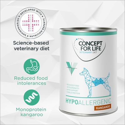 Concept for Life Veterinary Diet Hypoallergenic Kangaroo. Vyvinuté s veterinármi a odborníkmi na výživu. Znížené potravinové intolerancie, monoproteín klokan.