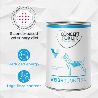 Concept for Life Veterinary Diet Weight Control, alimento per cani. Testo visibile: Science-based veterinary diet, Reduced energy, High fibre content, Developed with veterinarians & nutrition experts.