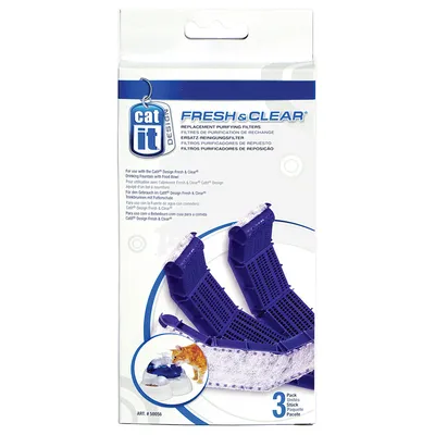 Confezione di filtri purificatori Catit Design Fresh & Clear, 3 pezzi. Testo visibile: FRESH & CLEAR, replacement purifying filters, per fontanella con ciotola per cibo.