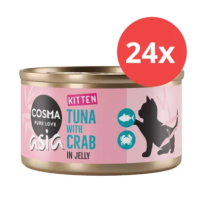 Cosma Asia Kitten Tuna with Crab in Jelly, 24x Dose. Rosa Verpackung mit Silhouette einer Katze und Icons für Fisch und Krabbe. Cosma Asia Kitten Tuna with Crab in Jelly, 24x Dose. Rosa Verpackung mit Silhouette einer Katze und Icons für Fisch und Krabbe.