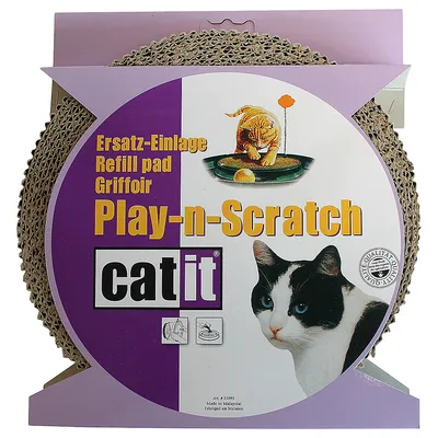 Картонена подложка за котки Catit Play-n-Scratch, надписи: Ersatz-Einlage, Refill pad, Griffior, снимки на котка и играчка, кръгла форма.