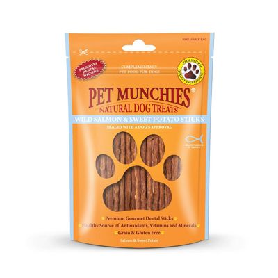Pet Munchies natural dog treats, wild salmon and sweet potato sticks. Promotes dental hygiene, healthy source of antioxidants, vitamins and minerals. Grain and gluten free.