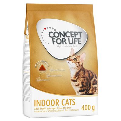 Concept for Life Indoor Cats dry food, 400g pack. Special Formula X: reduced stool odour, body weight control, hairball function. For adult indoor cats aged 1 year and over.