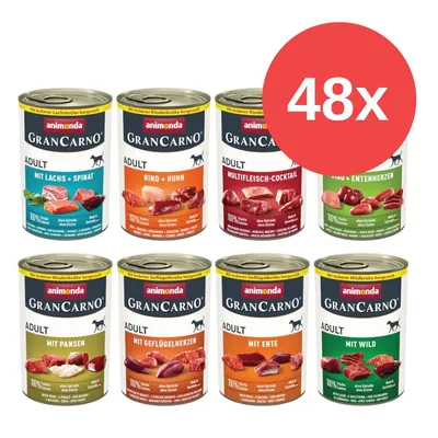 Animonda GranCarno Adult Nassfutter, 48x Dosen mit verschiedenen Sorten: Lachs+Spinat, Rind+Huhn, Multifleisch-Cocktail, Rind+Entenherzen, Pansen, Geflügelherzen, Ente, Wild.