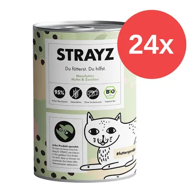 STRAYZ Nassfutter Huhn & Zucchini, 95% hoher Fleischanteil, getreidefrei, ohne Zuckerzusatz, Bio-zertifiziert. Hinweis: Jedes Produkt spendet für Streunerkatzen. Packung mit 24 Dosen.