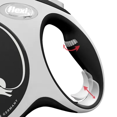 Flexi hundkoppelhandtag med ergonomisk design och rörlig bromsmekanism, visad med röda pilar.