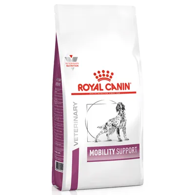 Confezione di Royal Canin Veterinary Mobility Support per cani, testo visibile: VETERINARY NUTRITION, ROYAL CANIN, MOBILITY SUPPORT, immagine di un cane sul fronte. Confezione di Royal Canin Veterinary Mobility Support per cani, testo visibile: VETERINARY NUTRITION, ROYAL CANIN, MOBILITY SUPPORT, immagine di un cane sul fronte.