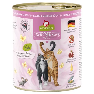 GranataPet DeliCATessen Paté lohi ja merenelävät. Ei eläinkokeita, valmistettu Saksassa, viljaton, sisältää granaattiomenansiemeniä, lohiöljyä ja viherhuulisimpukkaa.