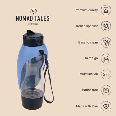 Botella dispensadora Nomad Tales München, color azul y negro, con asa. Texto en inglés: Premium quality, Treat dispenser, Easy to clean, On the go, Multifunction 2 in 1, Hands free, Made with love.