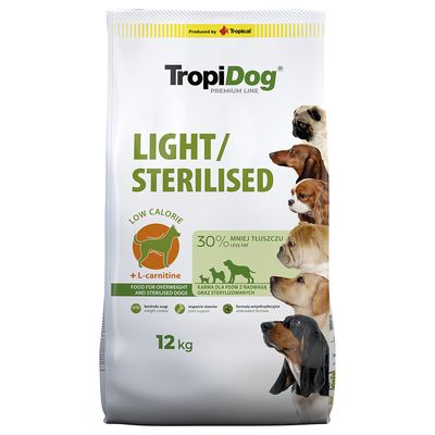 TropiDog Light/Sterilised hundfoder, 86 % animaliskt protein, med kyckling och ris, för alla raser. Lågkalori, L-karnitin, viktkontroll, ledstöd, antioxidanter, 12 kg.
