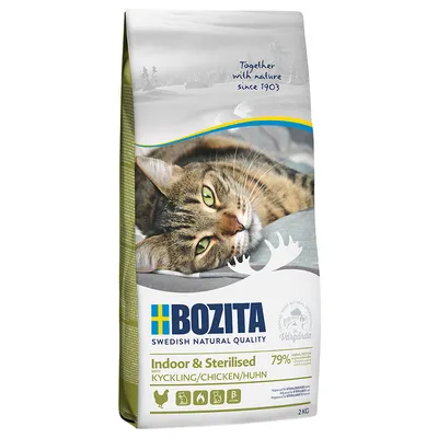 Bozita Indoor & Sterilised kattmat med kyckling, 79 % animaliskt protein, 2 kg. Swedish Natural Quality, lämpligt för steriliserade katter. Together with nature since 1903.