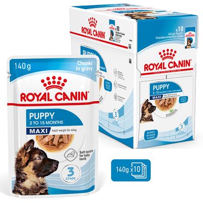 ROYAL CANIN Puppy 2 to 15 months MAXI, 140g pouch, tender chunks in gravy, pack of 10 pouches, suitable for adult animals 26–44 kg.
