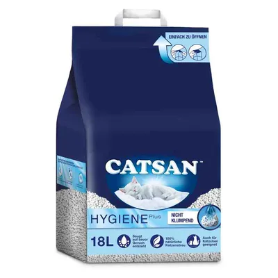 CATSAN Hygiene Plus, arena para gatos no aglomerante, 18L. Texto visible: 'Saug auf bevor Geruch entsteht', '100% natürliche Katzenstreu', 'Auch für Kätzchen geeignet'. CATSAN Hygiene Plus, arena para gatos no aglomerante, 18L. Texto visible: 'Saug auf bevor Geruch entsteht', '100% natürliche Katzenstreu', 'Auch für Kätzchen geeignet'.