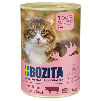 Lata de paté para gatos Bozita, 100 % animal protein of protein content, mit Rind Beef/Nöt, grain free, 410 g. Imagen de un gato en la etiqueta.