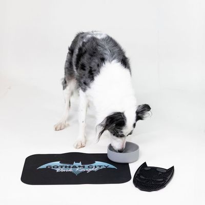 Siva zdjelica za hranu s Batman logom na prednjoj strani.