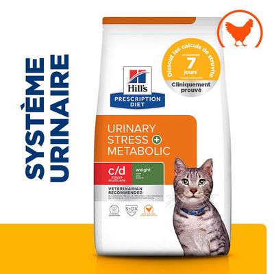 Hill's Prescription Diet Urinary Stress + Metabolic, c/d stress multicare, cliniquement prouvé, dissout les calculs de struvite en 7 jours, recommandé par les vétérinaires, poulet illustré.