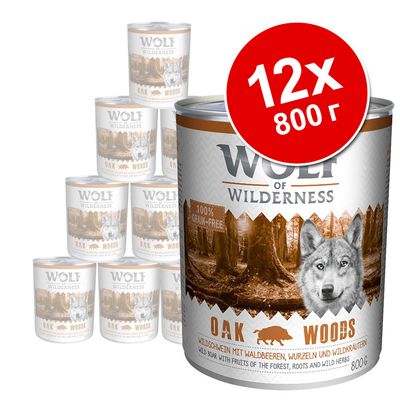 Набор из 12 консервов Wolf of Wilderness Oak Woods, 800 г. На упаковке надпись: 100% grain-free. Видны изображения леса и кабана.