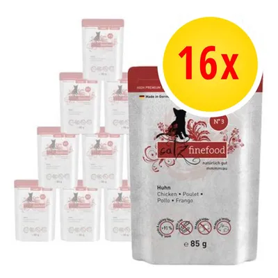 Confezione multipla 16x catz finefood N°3 pollo, bustine da 85 g. Testo visibile: 'Huhn Chicken Poulet Pollo Frango', 'Made in Germany', simboli informativi sulla confezione.