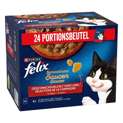 Purina Felix Sensations Gelees, Geschmacksvielfalt vom Land in Gelee. 24x mit Rind, Huhn, Ente, Lamm.
