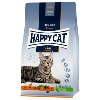 Confezione di crocchette per gatti Happy Cat Farm Duck 1+ years, immagine di un gatto, simboli informativi e testo visibile: Culinary Land Ente, All in One, Natural Life Concept.