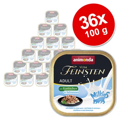 animonda Vom Feinsten Adult Milkies with Rabbit in cream sauce, 36 x 100g trays shown. Large red circle with white text: 36x 100 g.