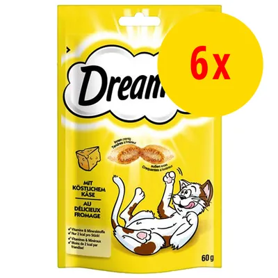 Dreamies kissanherkut juustolla, 60 g pakkaus. Keltainen etiketti, teksti '6x' punaisella ympyrässä. Näkyvissä juuston kuva ja piirros kissasta.