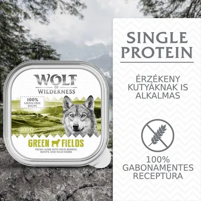 Wolf of Wilderness Green Fields 300 g, 100% gabonamentes receptúra, single protein, érzékeny kutyáknak is alkalmas, 100% grain-free recipe felirat látható a csomagoláson.