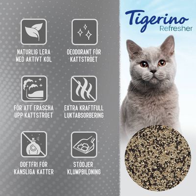 Tigerino Refresher. Naturlig lera med aktivt kol, deodorant för kattströet, fräschar upp kattströet, extra kraftfull luktabsorption, doftfri, stödjer klumpbildning. Bild på katt och strö.