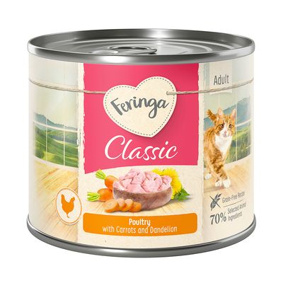 Feringa Classic Adult, pâtée pour chat à la volaille avec carottes et pissenlit, recette sans céréales, 70 % ingrédients animaux sélectionnés. Texte en anglais sur l’étiquette.