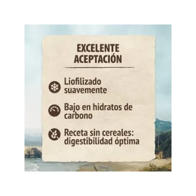 Excelente aceptación. Liofilizado suavemente. Bajo en hidratos de carbono. Receta sin cereales: digestibilidad óptima.