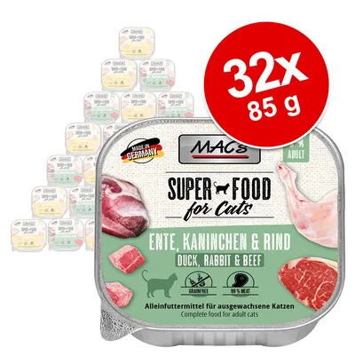 MAC's Superfood for Cats, kacsa, nyúl és marha, 32x85g, Made in Germany, gabonamentes, 99% hús, teljes értékű eledel felnőtt macskáknak.