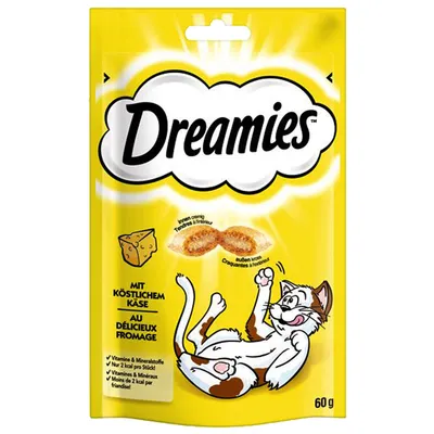 Dreamies με νόστιμο τυρί, τραγανό έξω, κρεμώδες μέσα. Συσκευασία 60g. Μόνο 2 kcal ανά τεμάχιο, με βιταμίνες και μέταλλα.