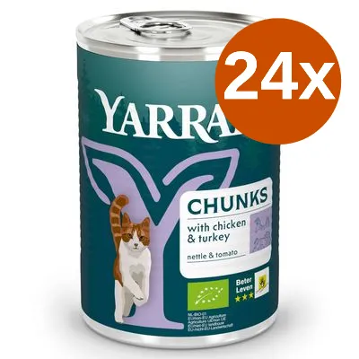 Yarrah Chunks with chicken & turkey, nettle & tomato, ekologisk märkning, Beter Leven 3 stjärnor. Förpackning med 24 burkar kattmat.